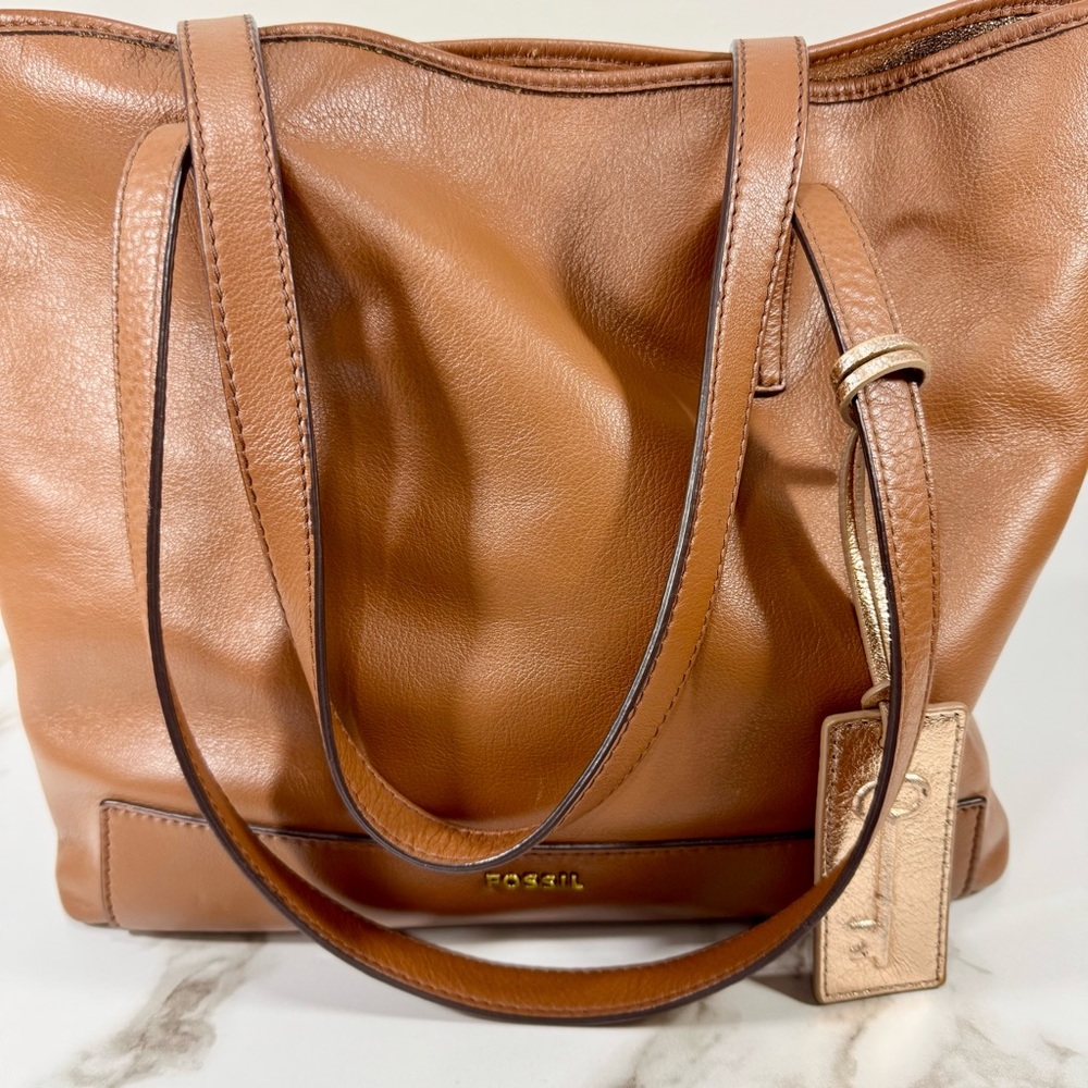 Fossil Reversible Slouchy Brown Tan Leather Metallic Rose Gold Handbag Tote Bag - Picture 8 of 16